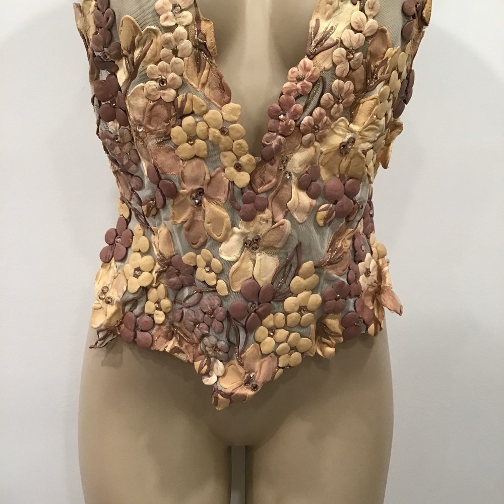 Ema Savahl Halter Top Womens Yellow Hand Painted 3D Floral Mesh Small Y2K Fairy - Picture 3 of 15
